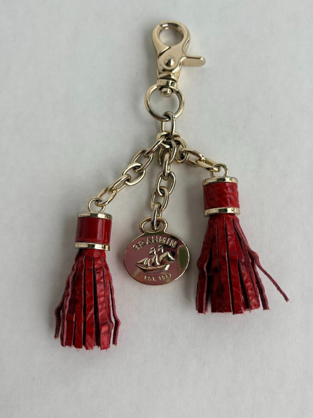 Brahmin Red Leather Double Tassel Keyring Bag Charm with Gold Hardware